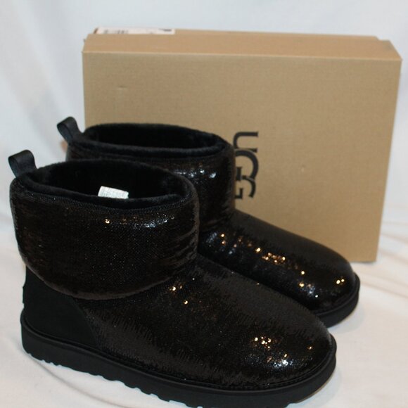 NIB‎ UGG WOMEN'S MINI SEQUIN SHEARLING LINED BOOTS BLACK - Picture 1 of 5
